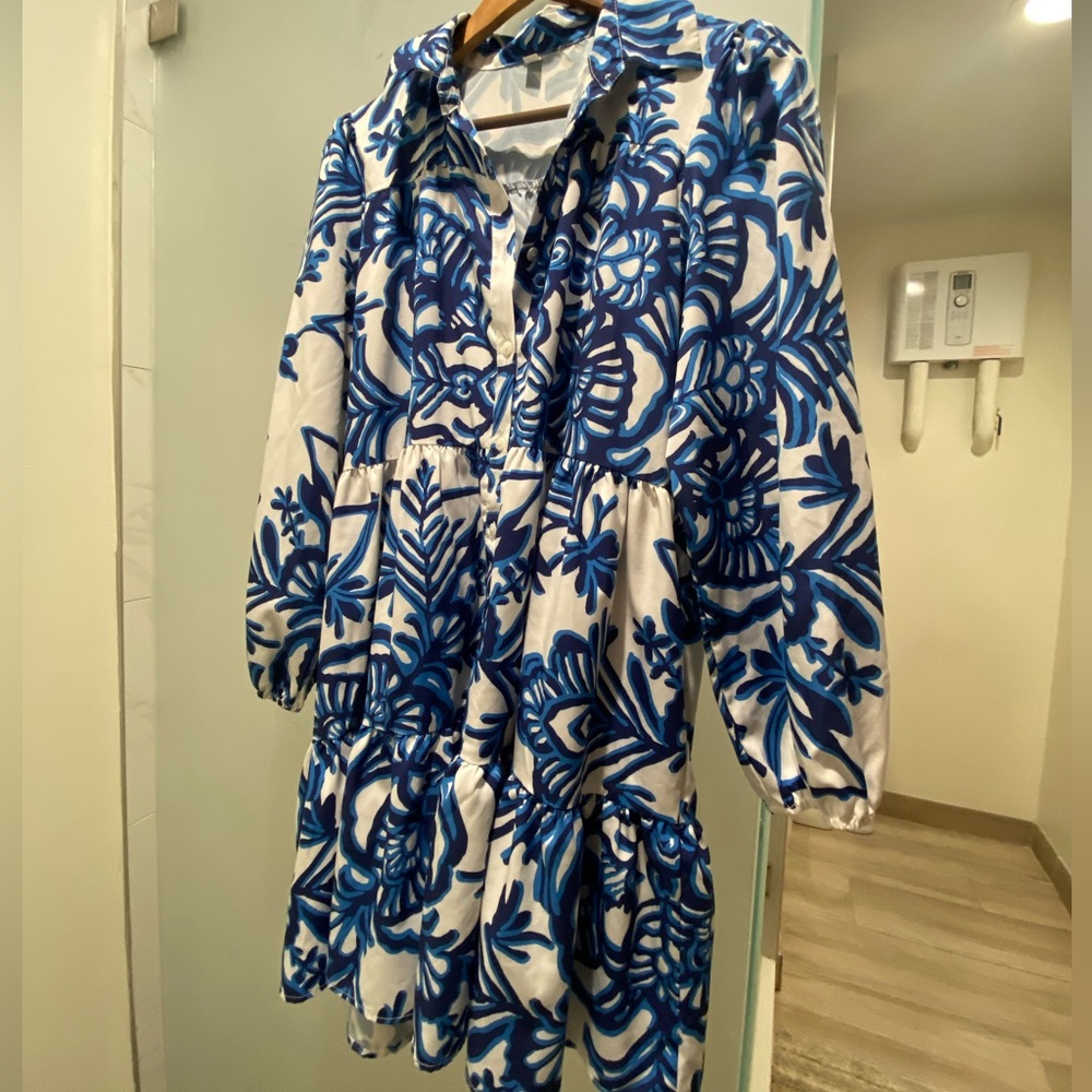 Shein White and Blue Floral Dress Woman’s Medium Bohemian Style